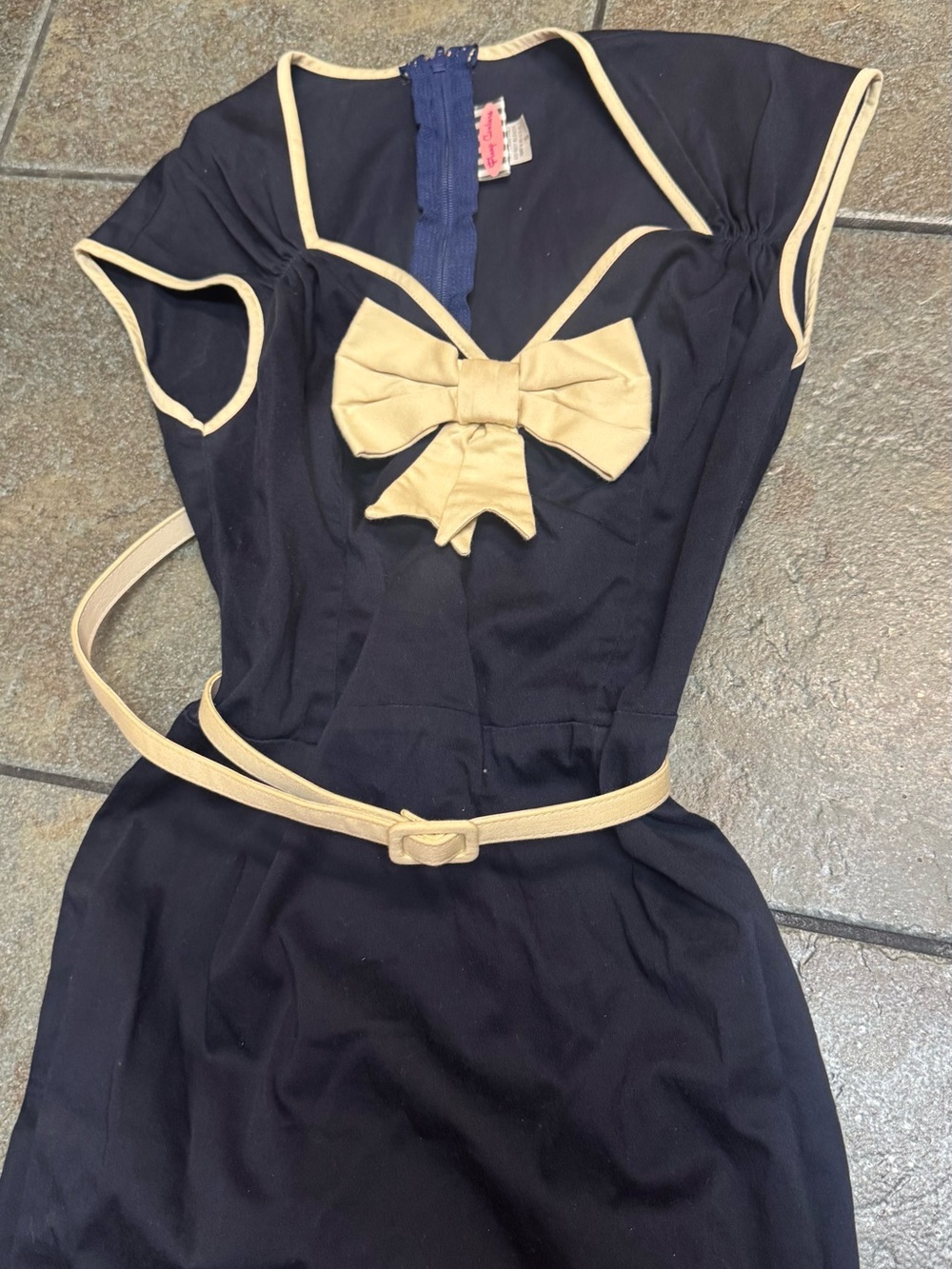 Blue Vintage Dress with Gold Bow and Trim Dress S